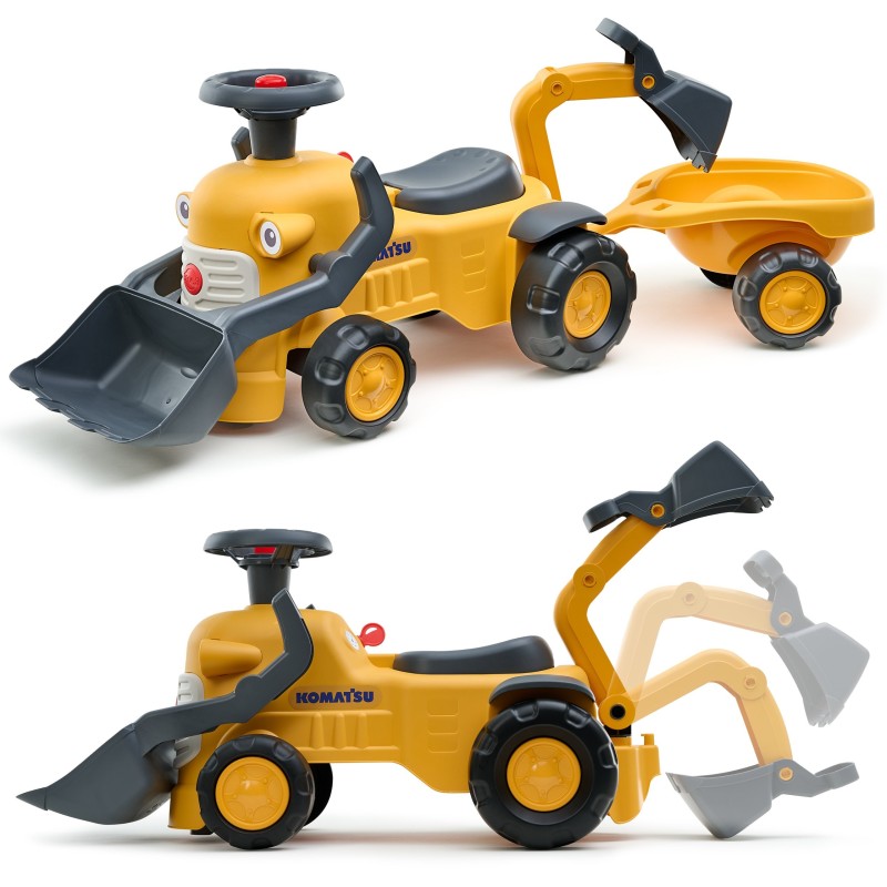 Falk Detské odrážadlo traktor Komatsu – S bagrom a vlečkou pre najmenších