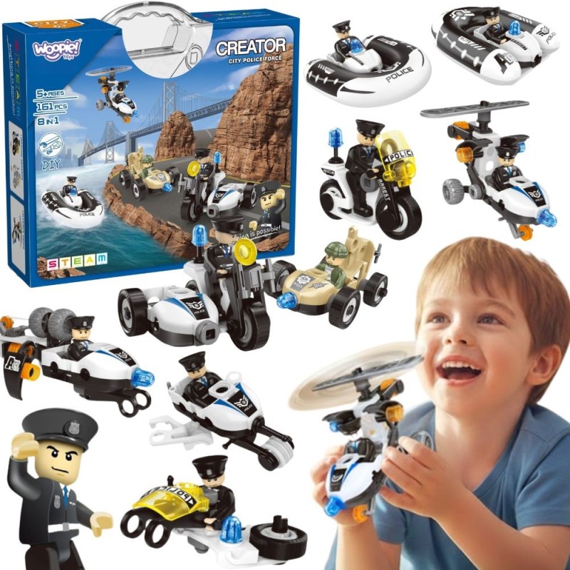 WOOPIE Klocki Konstrukcyjne Zbuduj Pojazdy Policyjne 8 Modeli STEAM – Zostań bohaterem miasta!