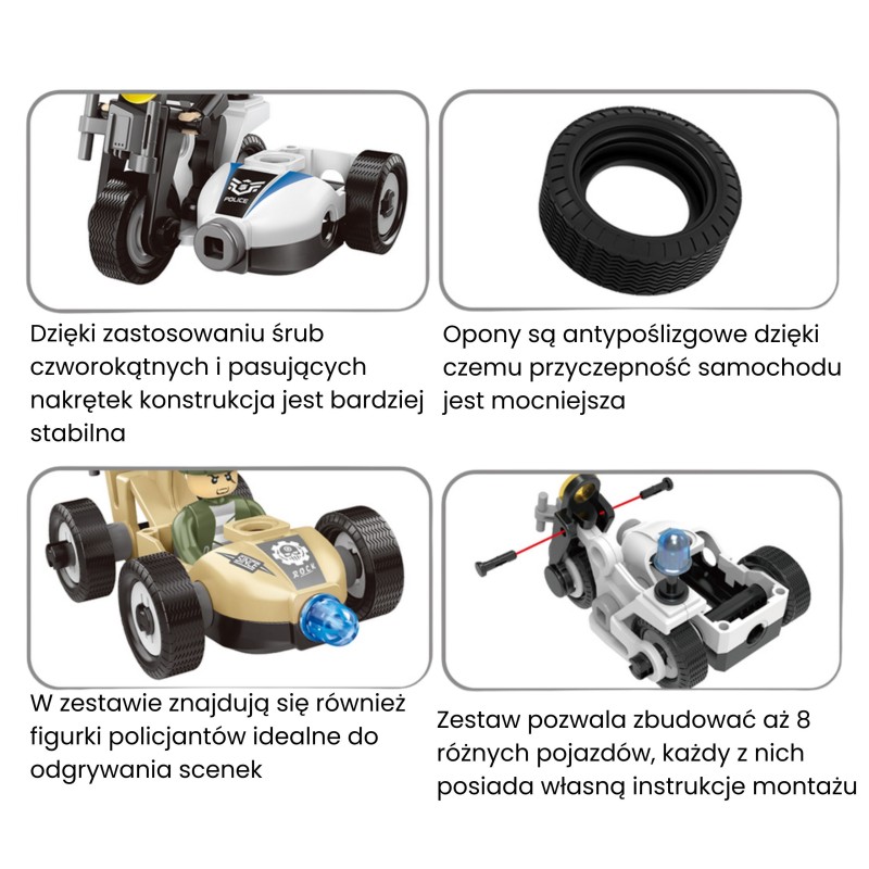 WOOPIE Klocki Konstrukcyjne Zbuduj Pojazdy Policyjne 8 Modeli STEAM – Zostań bohaterem miasta!