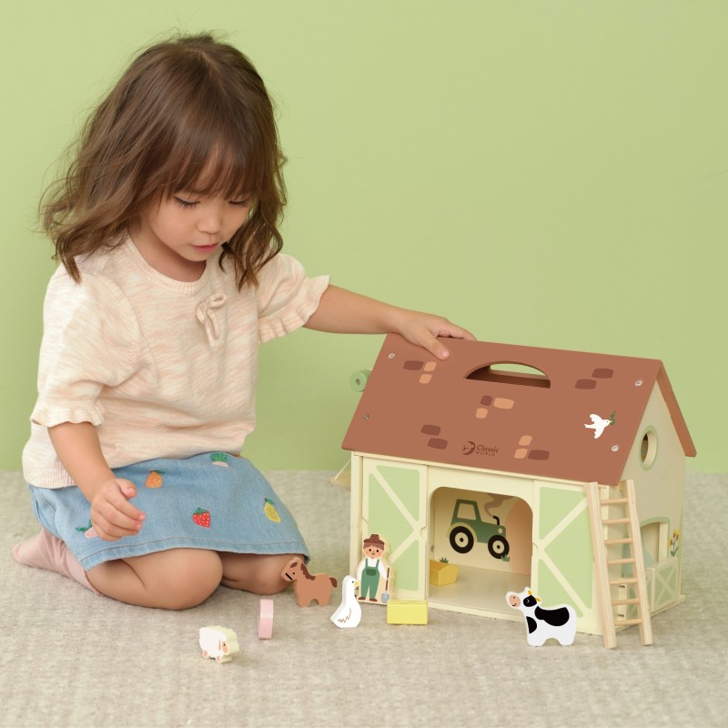 Classic World Drevený domček Farma Vintage – 17 dielna prenosná sada pre malých farmárov