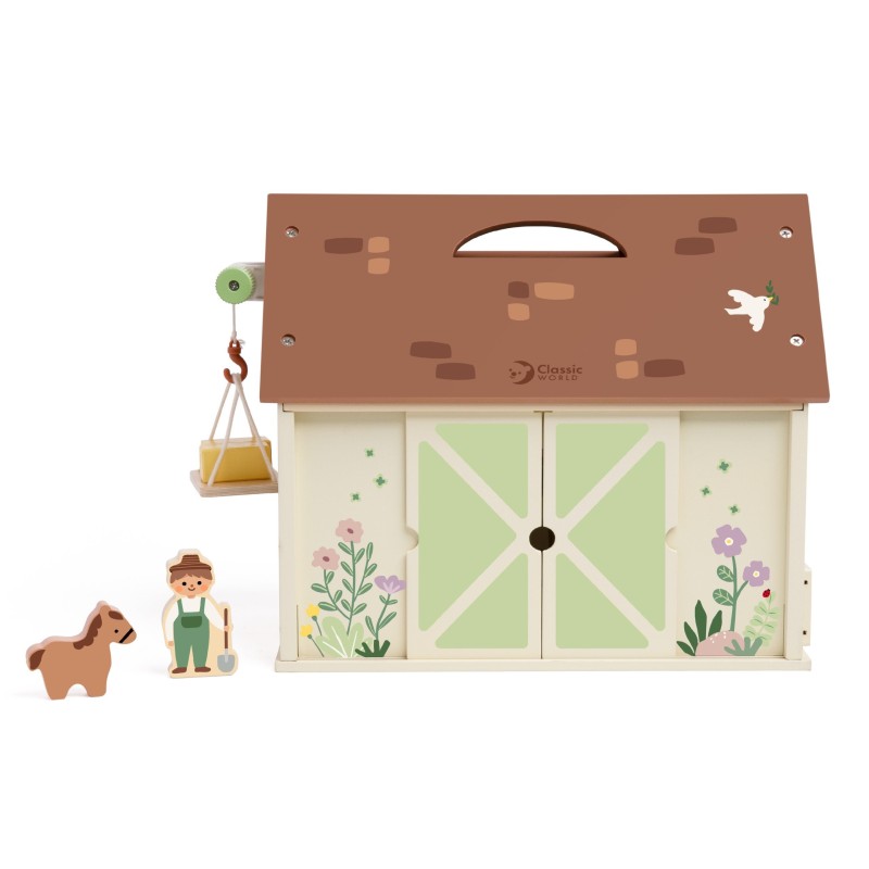 Classic World Drevený domček Farma Vintage – 17 dielna prenosná sada pre malých farmárov