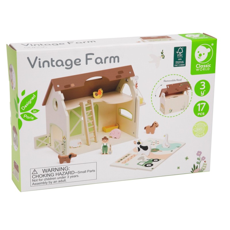 Classic World Drevený domček Farma Vintage – 17 dielna prenosná sada pre malých farmárov