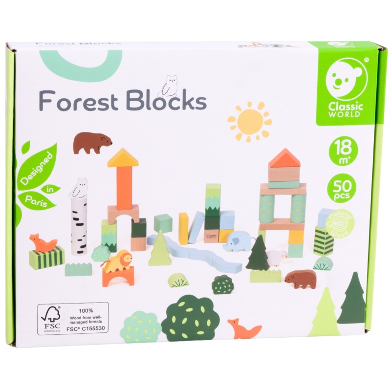 CLASSIC WORLD Drewniane Klocki Konstrukcyjne Las Zwierzęta 50 el.