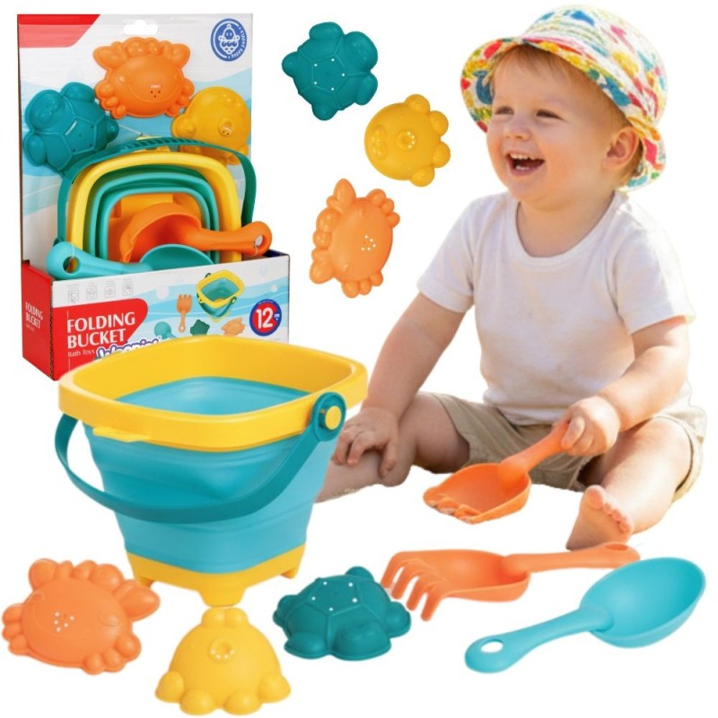 WOOPIE BABY Zestaw Wiaderko Składane z Grabkami Łopatką Foremki Niebieskie