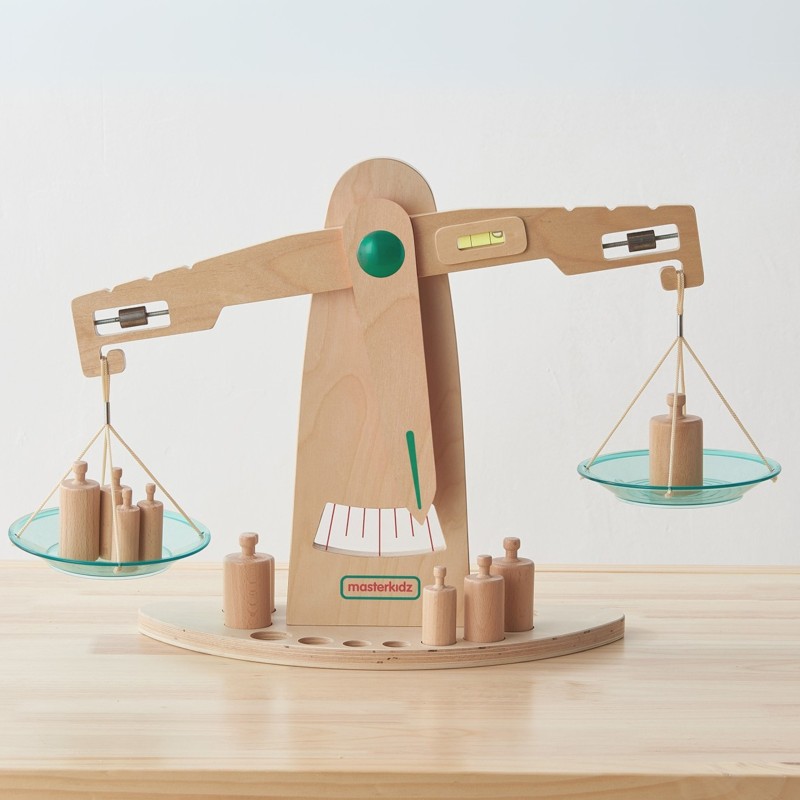 Masterkidz Drevená rovnoramenná váha – Edukačná Montessori pomôcka na učenie hmotnosti