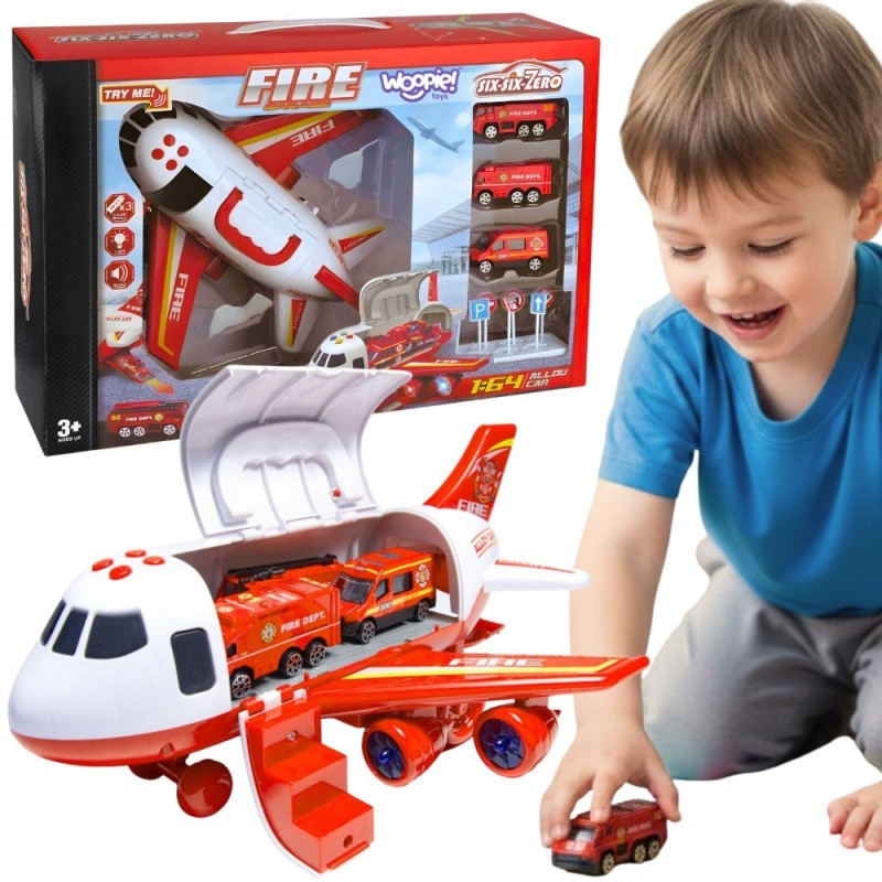 WOOPIE Samolot Rozkładany Transporter Straż Pożarna z 3 Autami Strażackimi Zestaw XL Znaki Drogowe