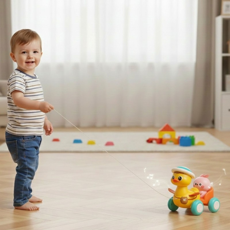 WOOPIE BABY Żółta Kaczuszka z Różowym Króliczkiem w Przyczepce do Ciągnięcia