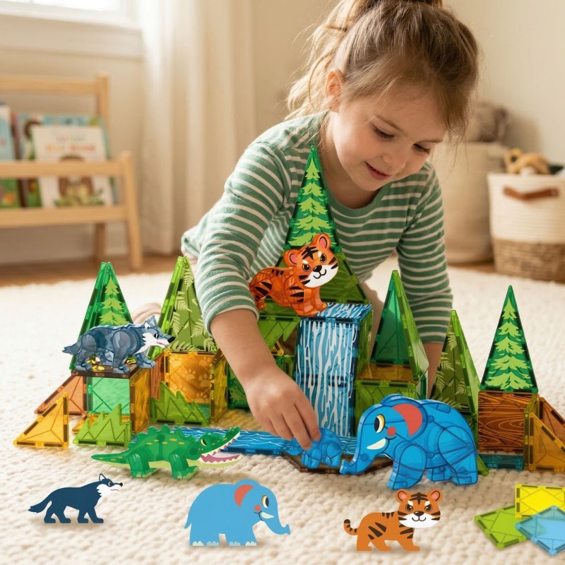 WOOPIE Klocki Magnetyczne Konstrukcyjne 3D Zestaw Edukacyjny Zwierzęta Dżungli 45el.