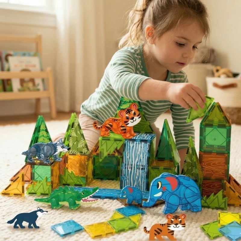 WOOPIE Klocki Magnetyczne Konstrukcyjne 3D Zestaw Edukacyjny Zwierzęta Dżungli 45el.