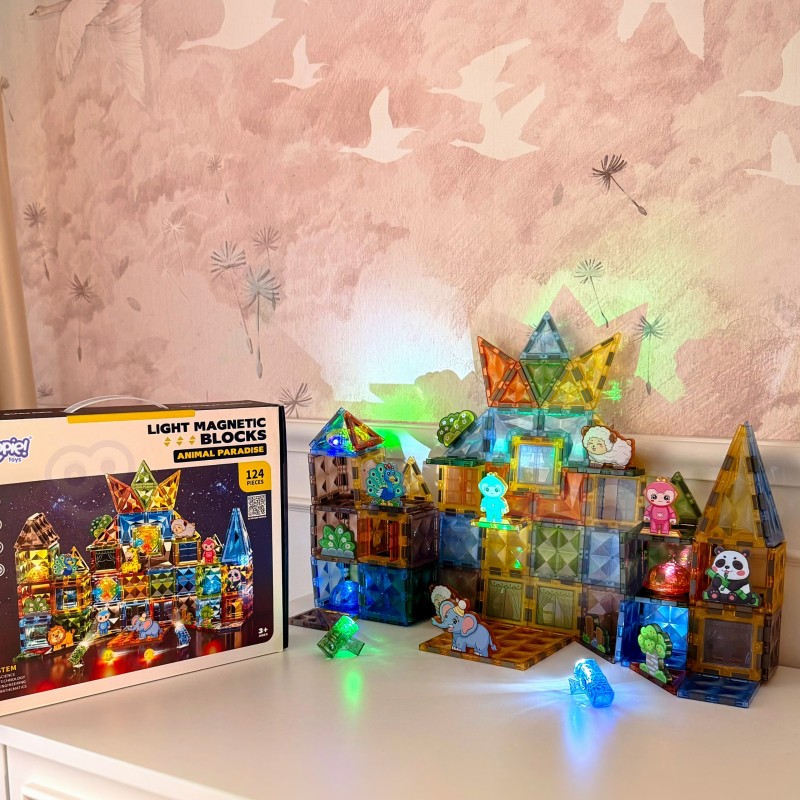 WOOPIE Klocki Magnetyczne Konstrukcyjne Świecące 3D Świat Zwierząt 124el.