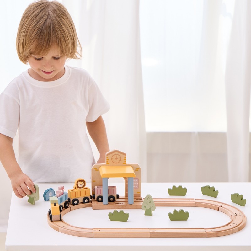Viga Drevená vláčikodráha PolarB – 30 dielov v pastelových farbách