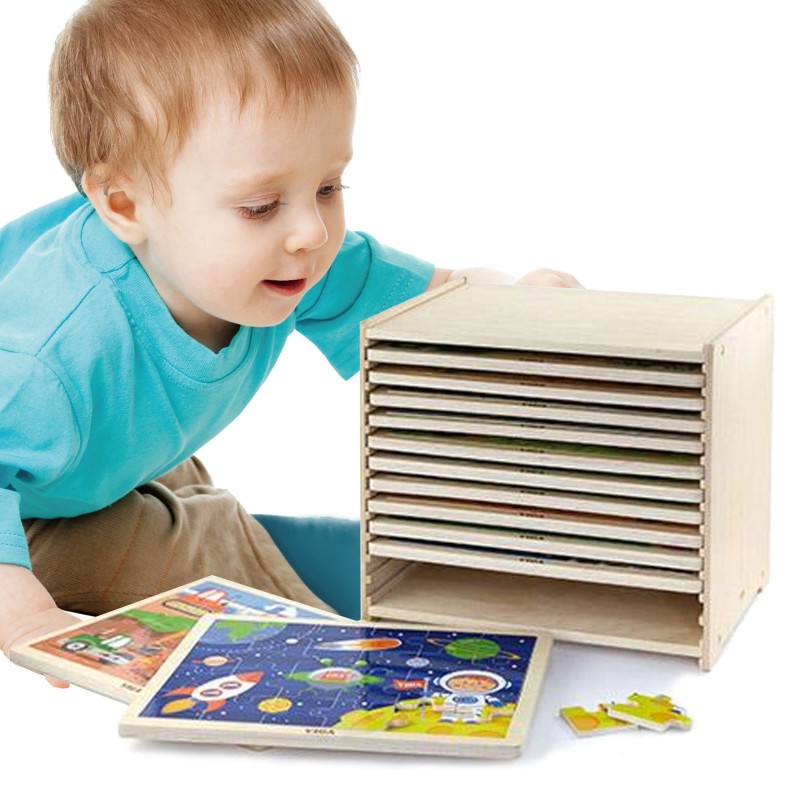 Viga Zestaw Puzzle drewniane 12 układanek po 24 el. na stojaku