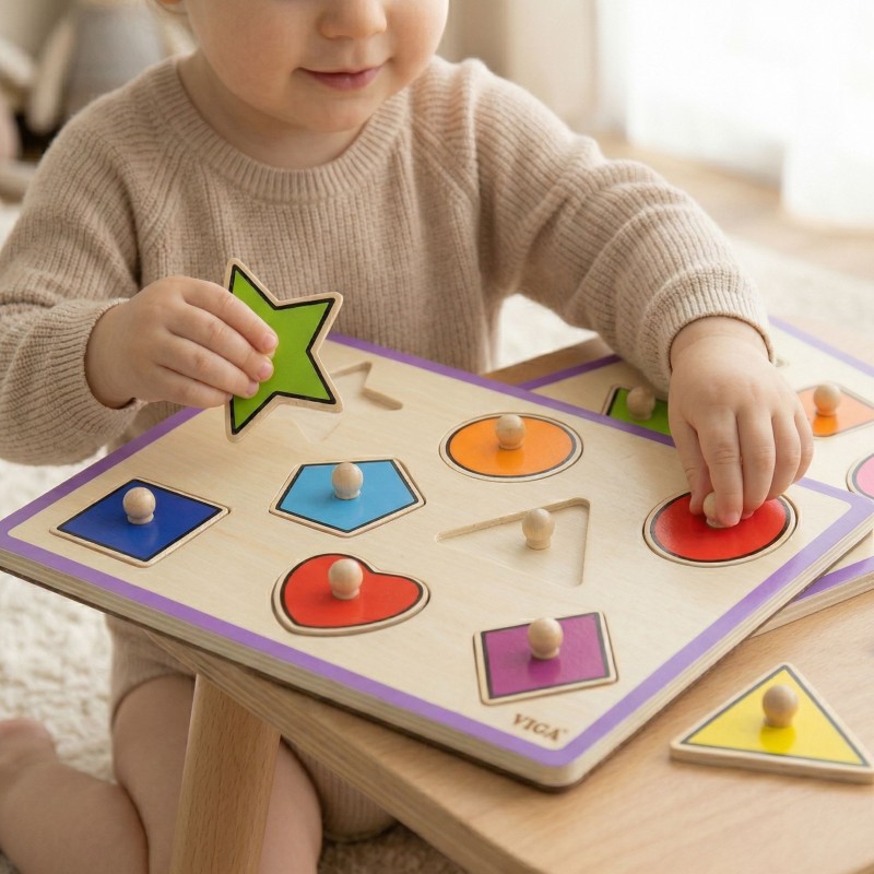 VIGA Drewniane Kolorowe Puzzle Z Pinezkami Kształty