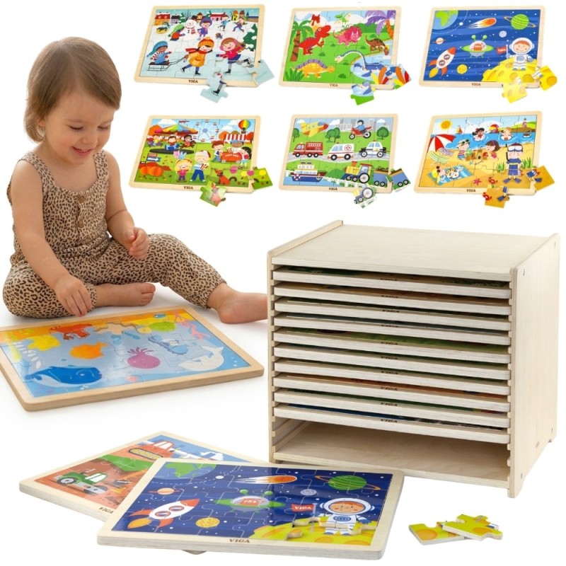 Viga Zestaw Puzzle drewniane 12 układanek po 24 el. na stojaku