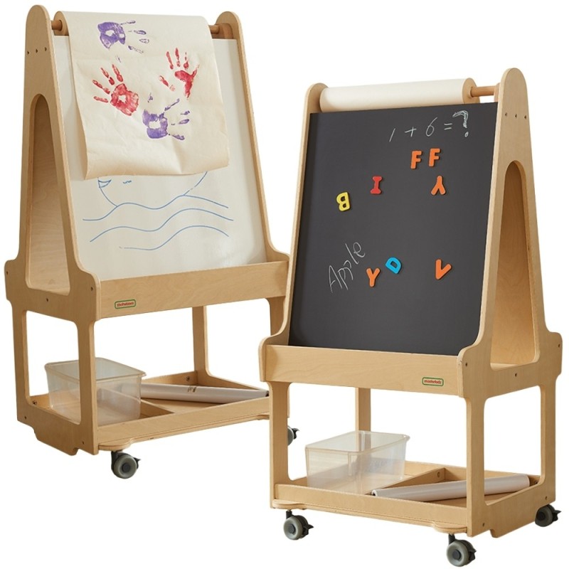Masterkidz Drevená obojstranná tabuľa 3v1 na kolieskach