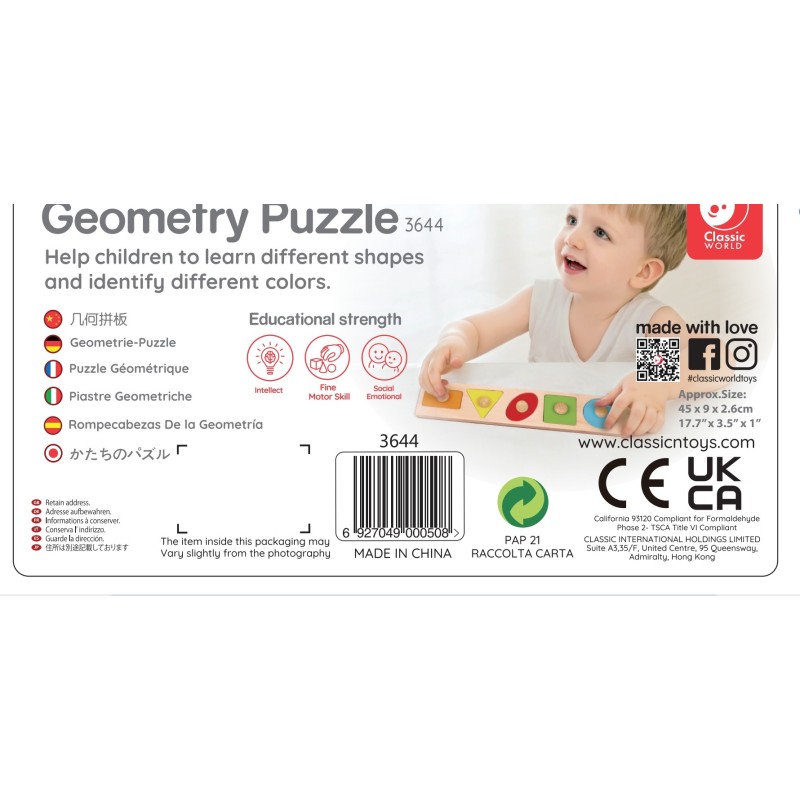 CLASSIC WORLD Drewniana Układanka Geometryczna MONTESSORI Sorter Kształtów Nauka Kolorów 6el.