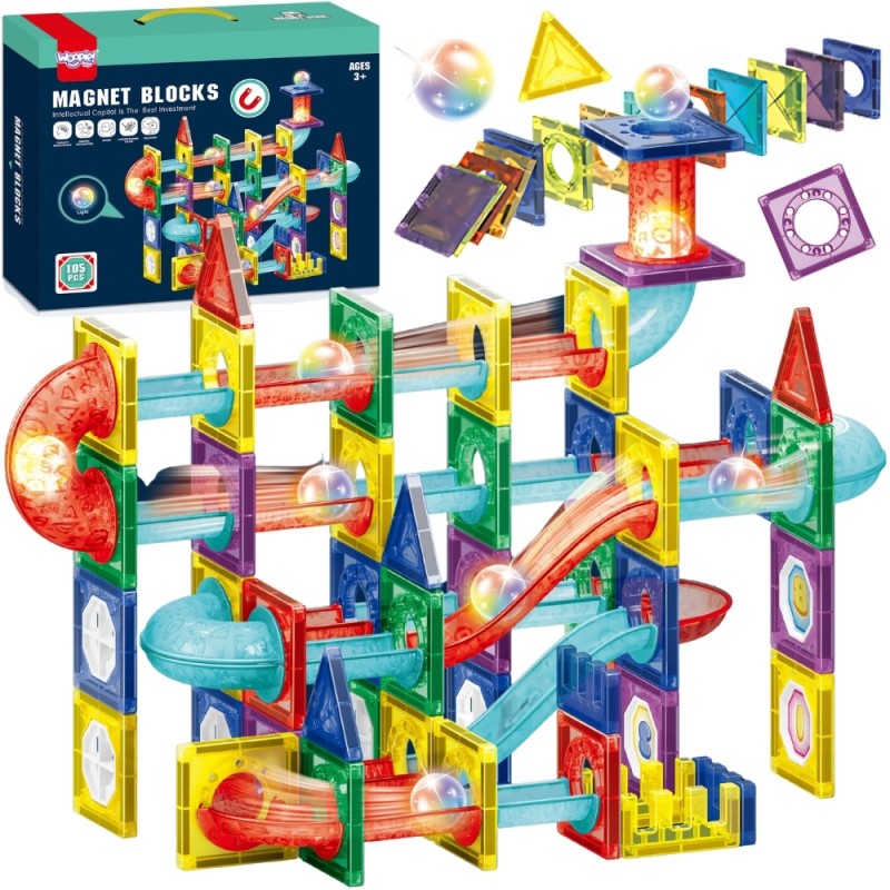 WOOPIE Klocki Magnetyczne Konstrukcyjne 3D Zestaw Edukacyjny Tor Kulkowy 105el.