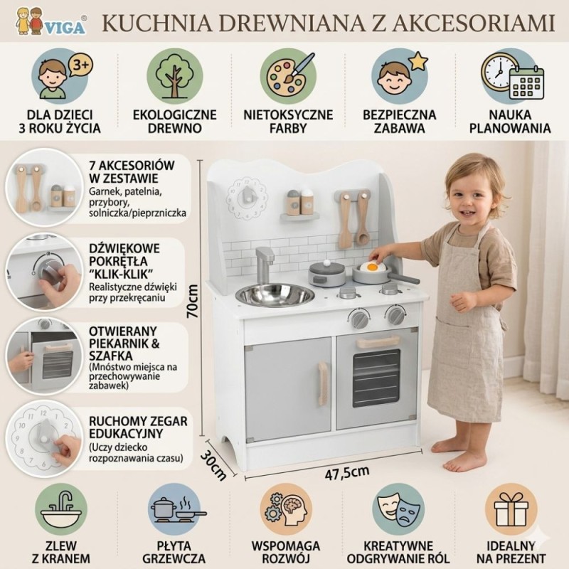 VIGA PolarB Drewniana Kuchnia z Akcesoriami Eco Gray Szara Dla Dzieci Prezent