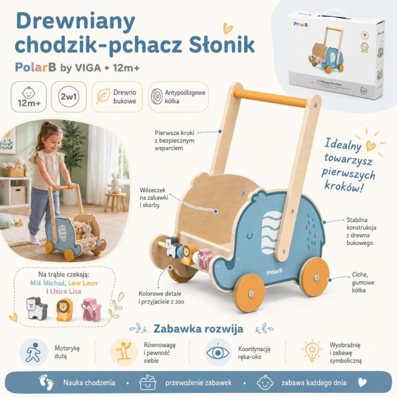 VIGA PolarB Drewniany Wózek 2w1 Chodzik Pchacz Słonik