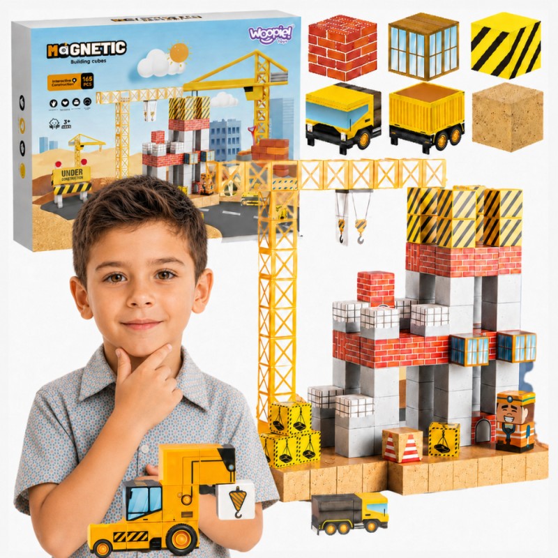 Woopie Magnetická stavebnica Kocky Stavenisko 165 ks – 3D pixelové kocky s žeriavom a bagrom