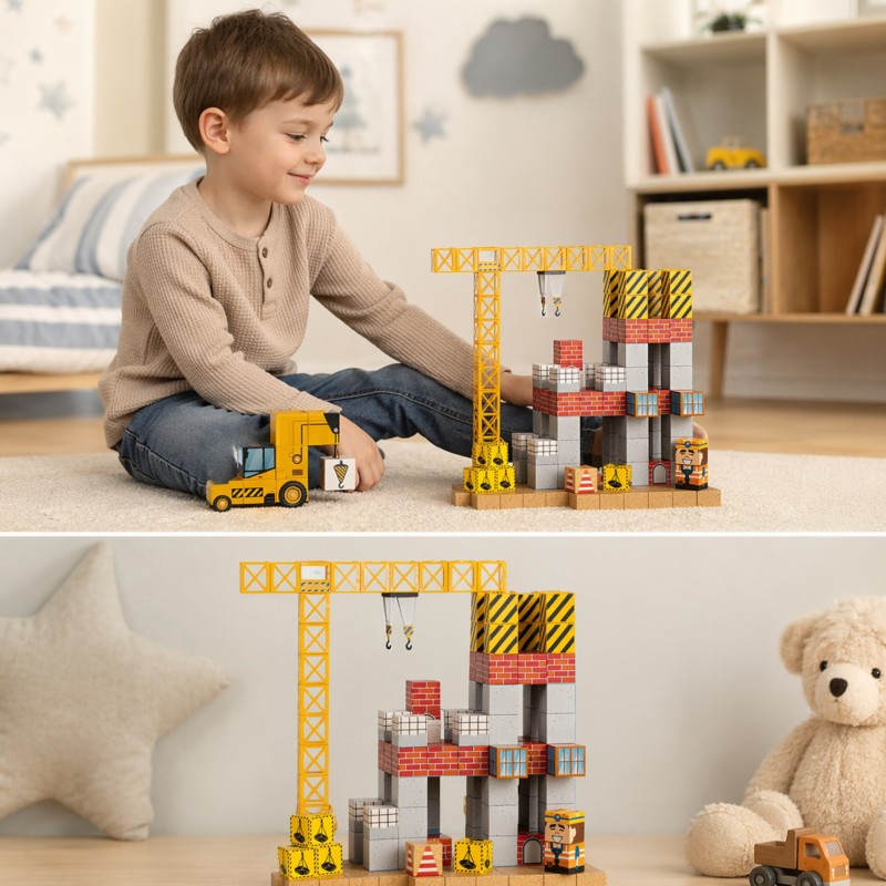 Woopie Magnetická stavebnica Kocky Stavenisko 165 ks – 3D pixelové kocky s žeriavom a bagrom