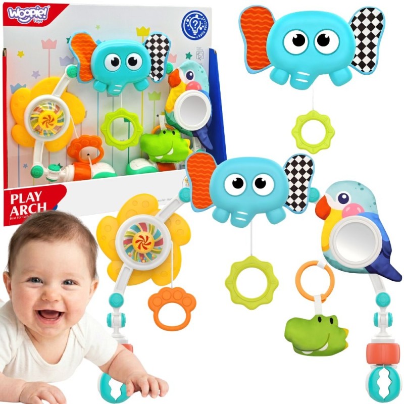 Woopie Baby Senzorický oblúk s hračkami do kočíka a postieľky Slon a Papagáj – Závesná hrazdička