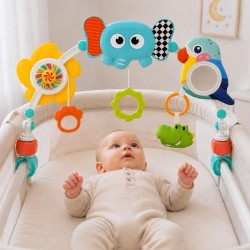 Woopie Baby Senzorický oblúk s hračkami do kočíka a postieľky Slon a Papagáj – Závesná hrazdička