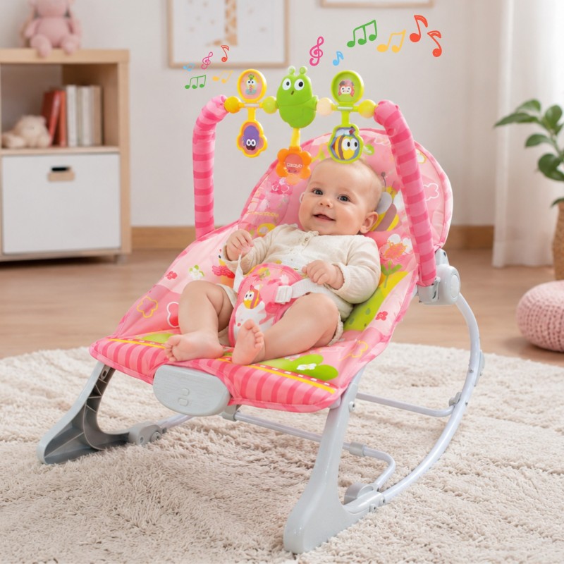 Woopie Baby Ružové vibračné ležadielko a kresielko s hrazdičkou