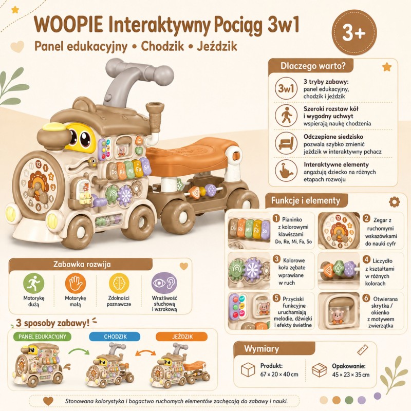 WOOPIE BABY Interaktywny Pociąg Jeździk Pchacz 3w1 Edukacyjny Grający Światło