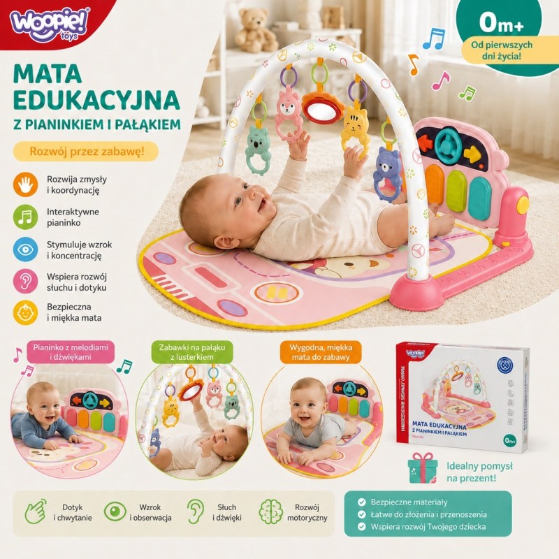 Woopie Baby Interaktívna edukačná podložka s piankom 3v1 – Senzorická hracia deka