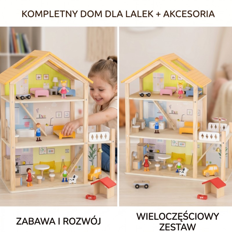 VIGA Zestaw Drewniany Domek dla Lalek z Laleczkami i Akcesoriami