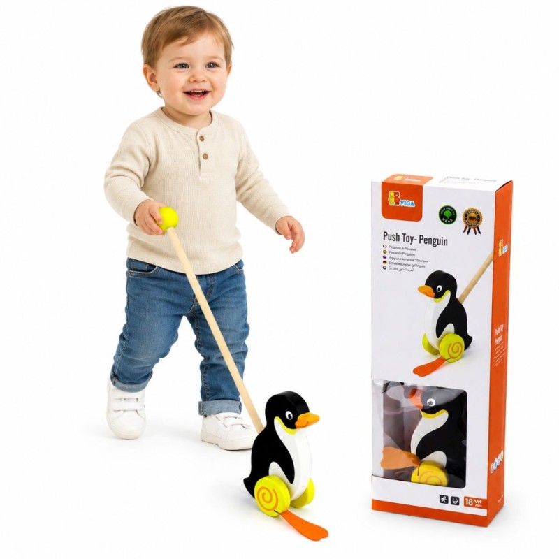 VIGA TOYS Drewniany Pchacz Pingwin Zabawka na Kiju do Pchania na Roczek