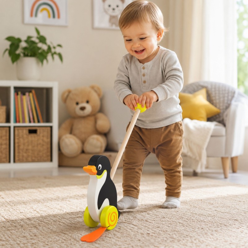 VIGA TOYS Drewniany Pchacz Pingwin Zabawka na Kiju do Pchania na Roczek