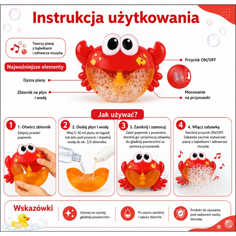 WOOPIE BABY Zabawka do Kąpieli Krab do Robienia Piany z Melodią