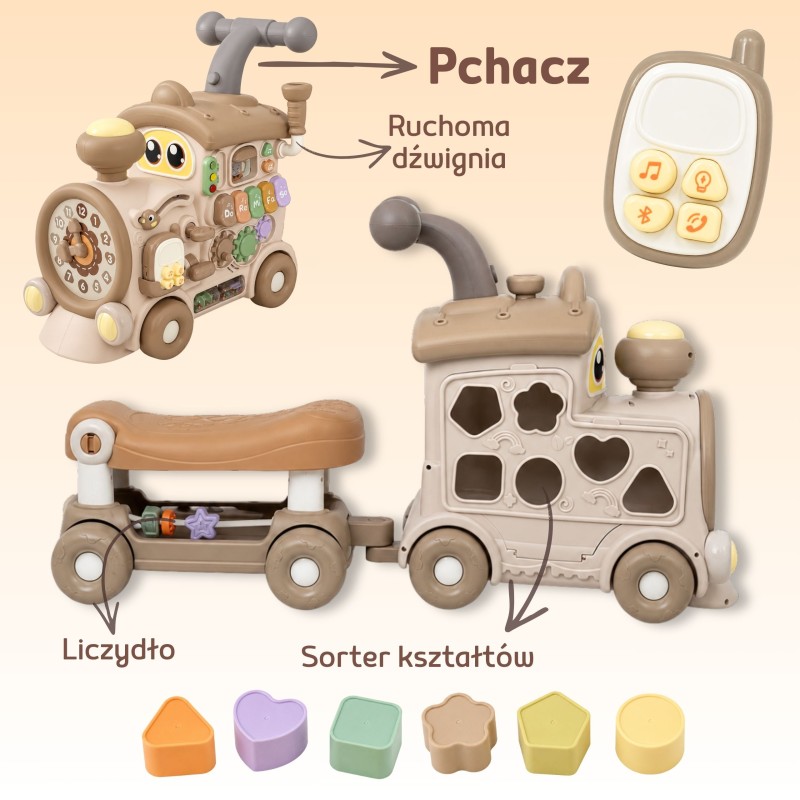 WOOPIE BABY Interaktywny Pociąg Jeździk Pchacz 3w1 Edukacyjny Grający Światło