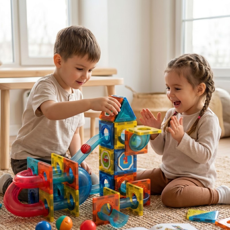 WOOPIE Klocki Magnetyczne Konstrukcyjne 3D Zestaw Edukacyjny Tor Kulkowy 42 el.
