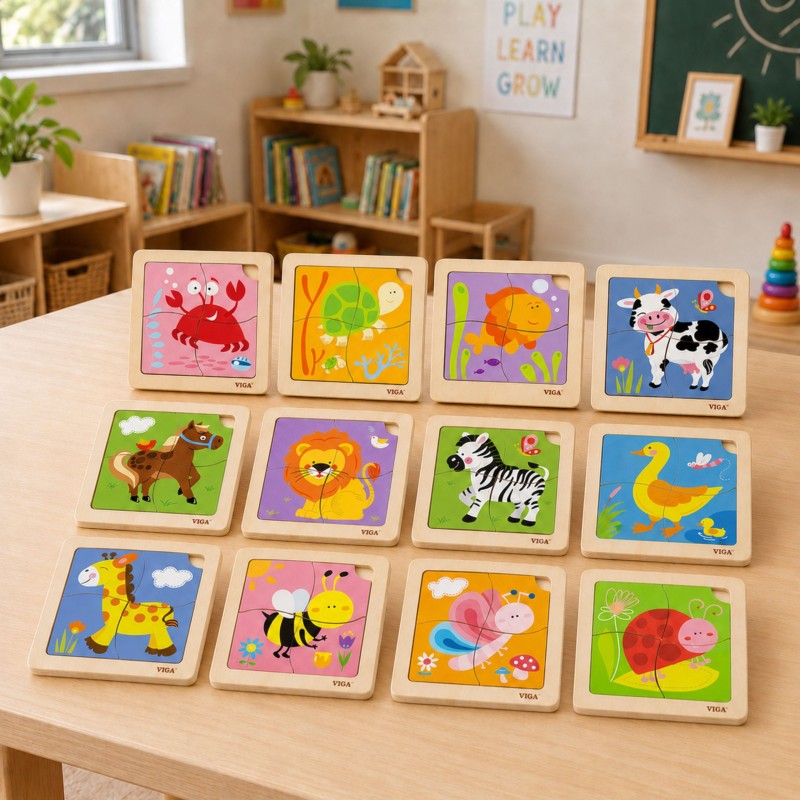 VIGA Puzzle drewniane 12 plansz po 4 puzzle w stojaku