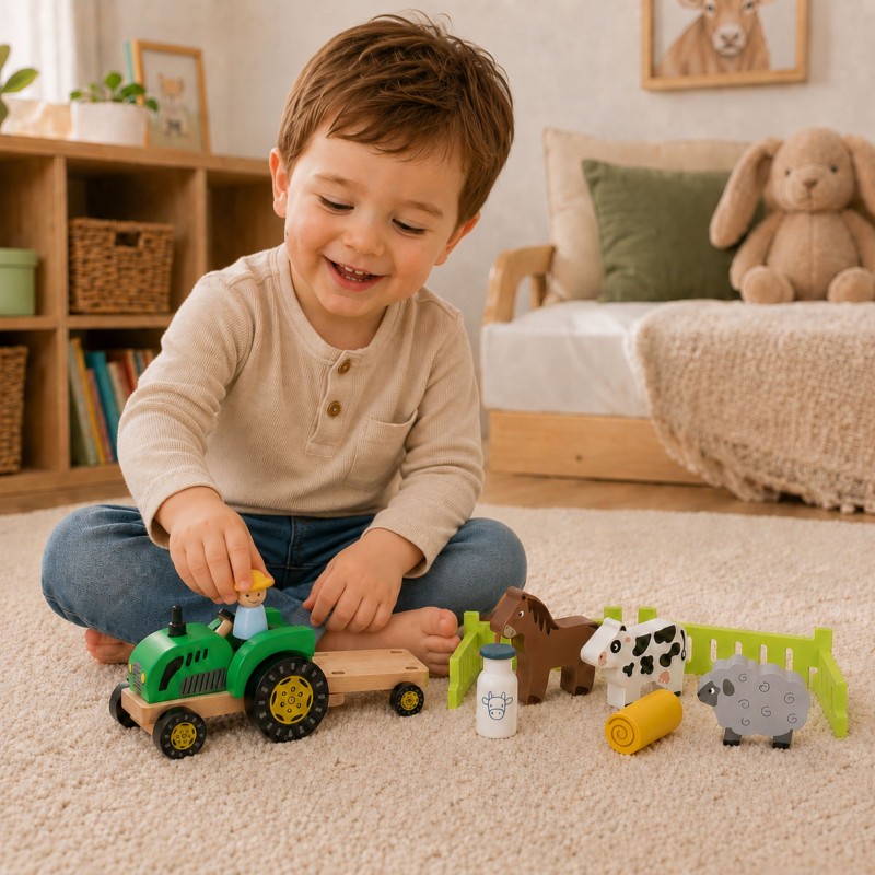Viga Drewniany Traktor z Przyczepą Figurki Zwierząt Farma Zestaw Edukacyjny