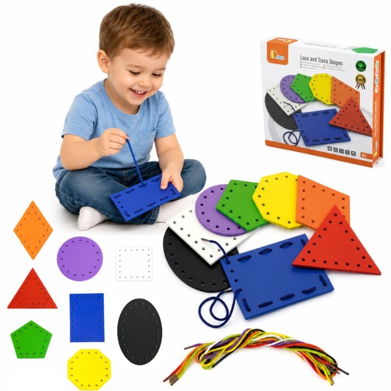 VIGA Drewniane Kształty do nawlekania i sznurowania Montessori