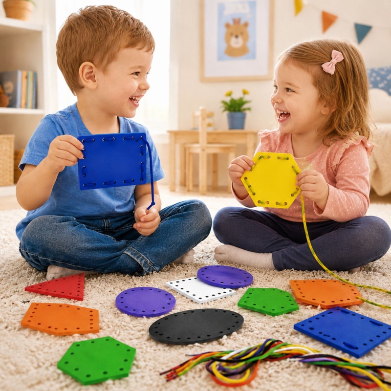 VIGA Drewniane Kształty do nawlekania i sznurowania Montessori