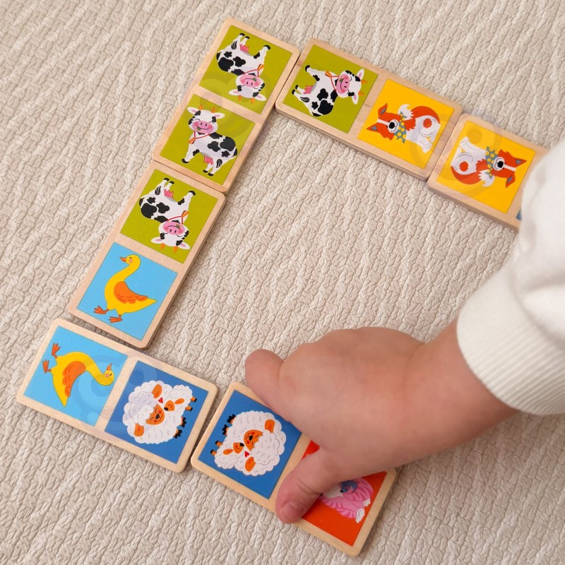 VIGA Edukacyjne Klocki Domino Drewniane gra Farma 28 elementów Montessori
