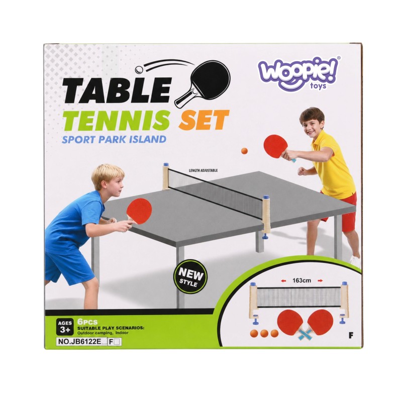 Woopie Set na stolný tenis so sieťkou 6 ks – Prenosný pingpongový set s raketami a loptičkam
