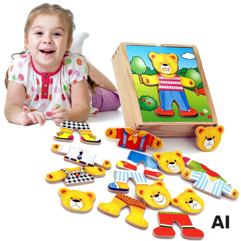 VIGA Drewniane Puzzle Układanka Edukacyjna Ubierz Misia Chłopca