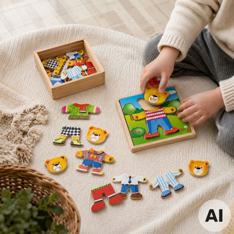 VIGA Drewniane Puzzle Układanka Edukacyjna Ubierz Misia Chłopca