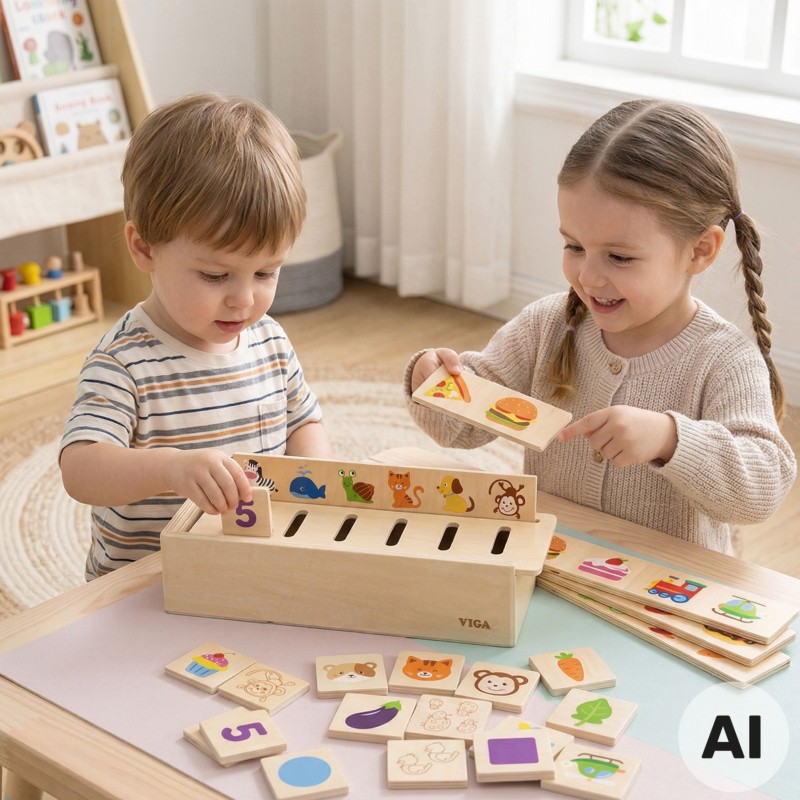 VIGA Drewniany Edukacyjny Sorter Gra Zwierzątka Owoce Warzywa Montessori