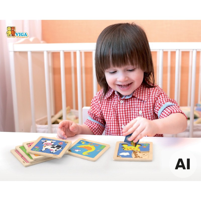 VIGA Poręczne Drewniane Puzzle Krówka