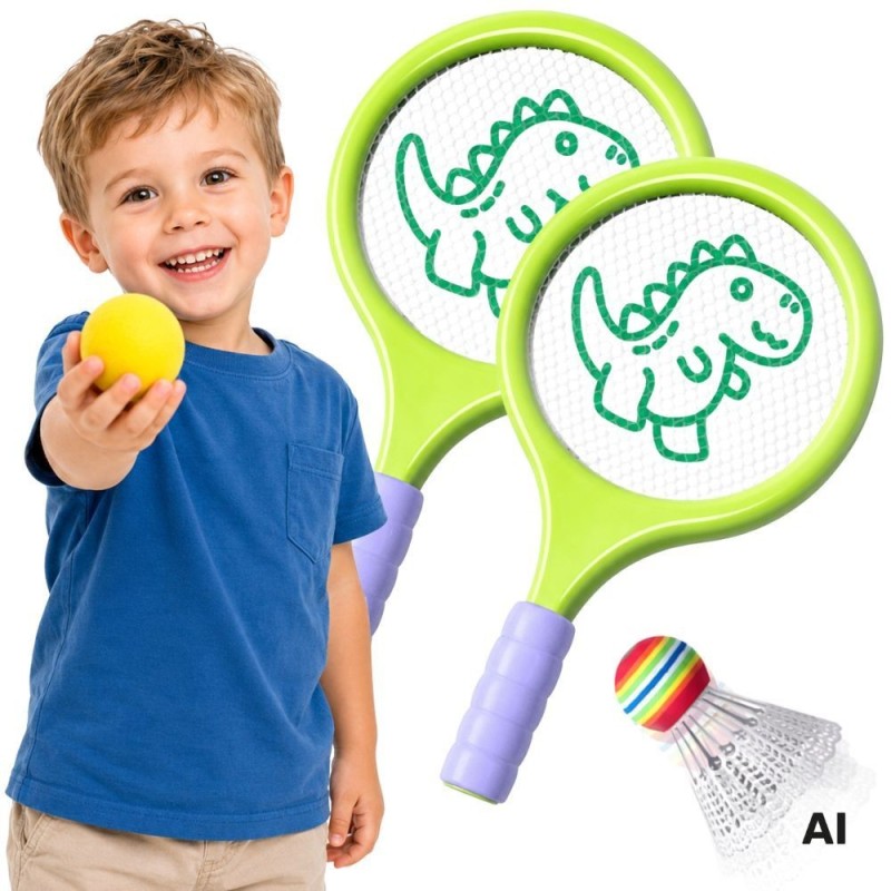 Woopie Detské rakety na bedminton a tenis Dinosaurus – Set s penovou loptičkou a košíkom