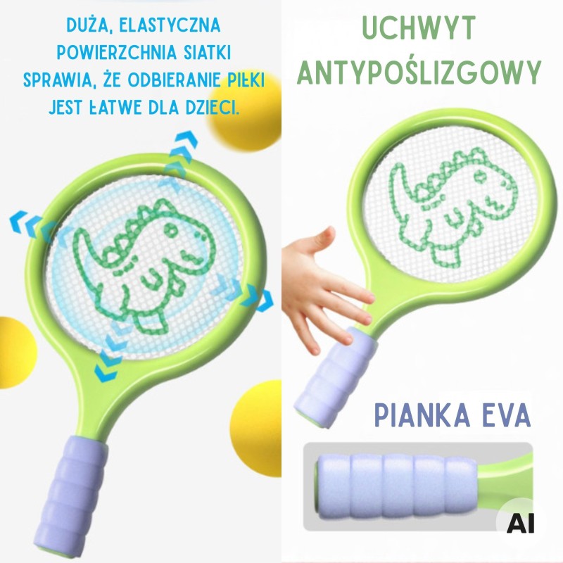 Woopie Detské rakety na bedminton a tenis Dinosaurus – Set s penovou loptičkou a košíkom