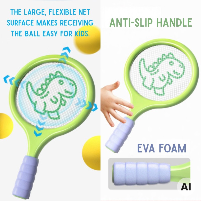 Woopie Detské rakety na bedminton a tenis Dinosaurus – Set s penovou loptičkou a košíkom