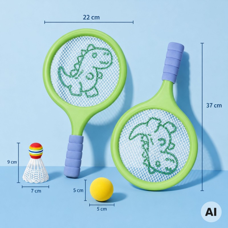 Woopie Detské rakety na bedminton a tenis Dinosaurus – Set s penovou loptičkou a košíkom
